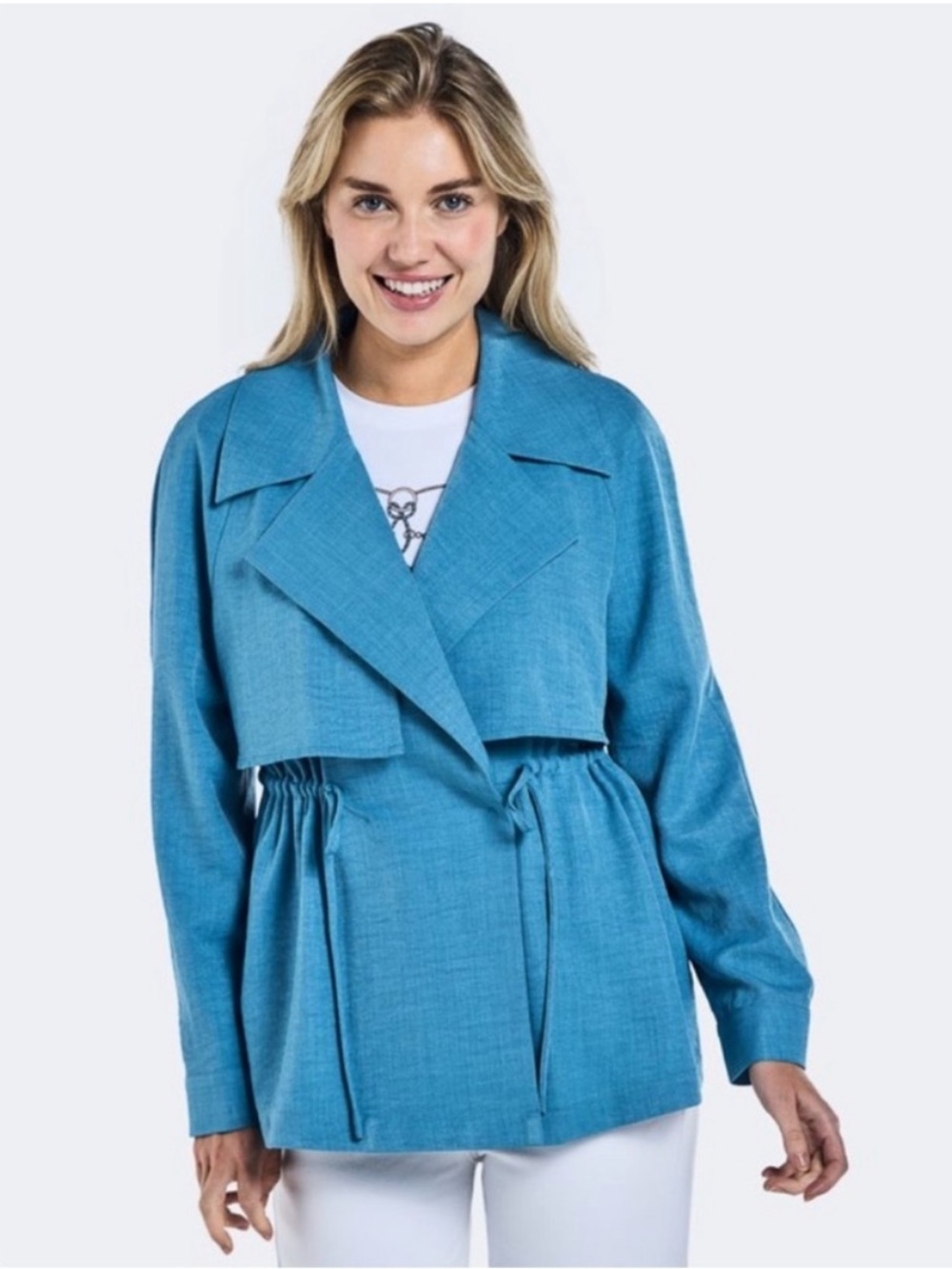 Crinkled drawstring jacket blue long sleeve top open